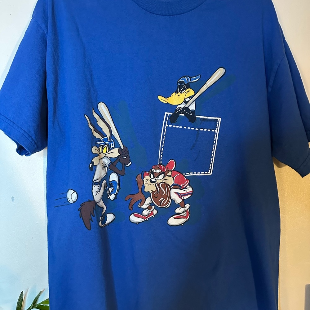 Vintage 1997 90s Looney Tunes Taz Daffy Duck Wile E Coyote Baseball Blue T Shirt